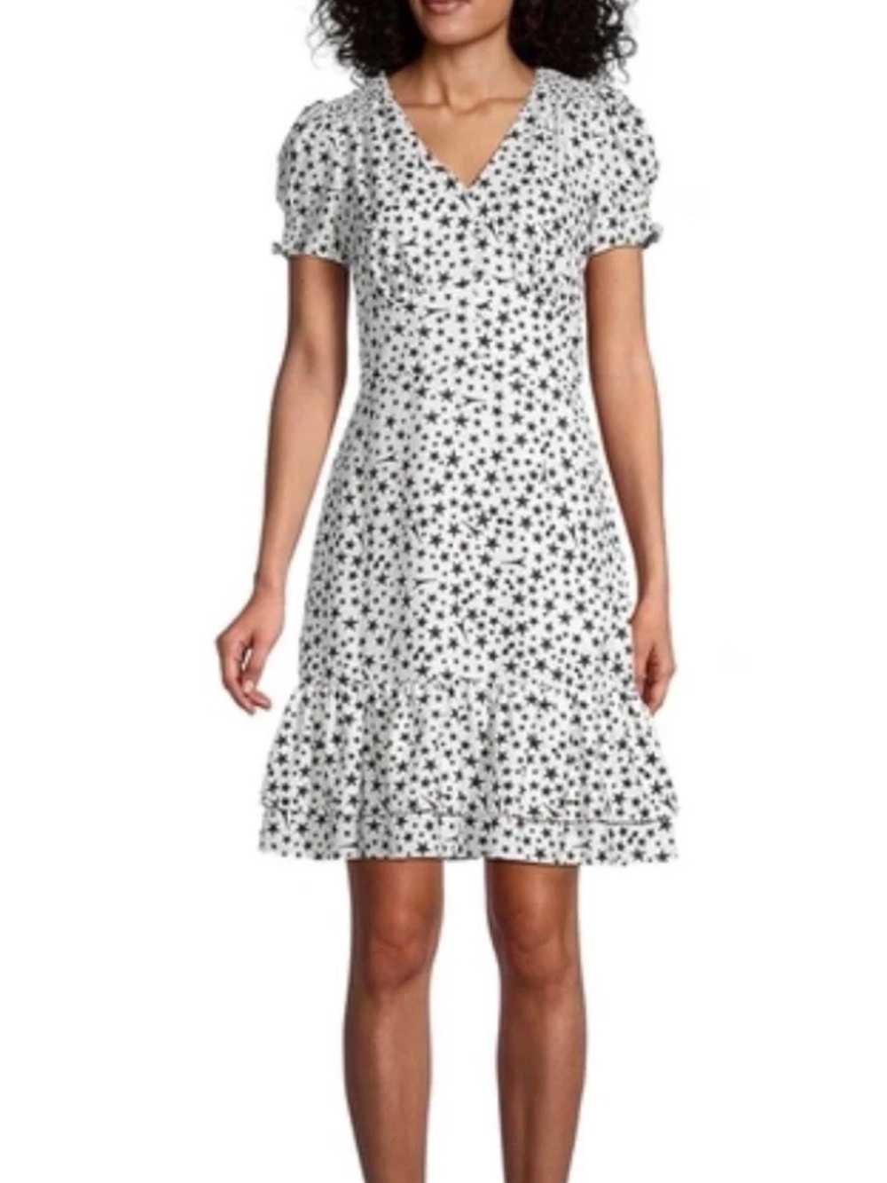 Karl Lagerfeld Paris Star Print V-Neck Ruffle Hem Dress - White/Black Women’s 8